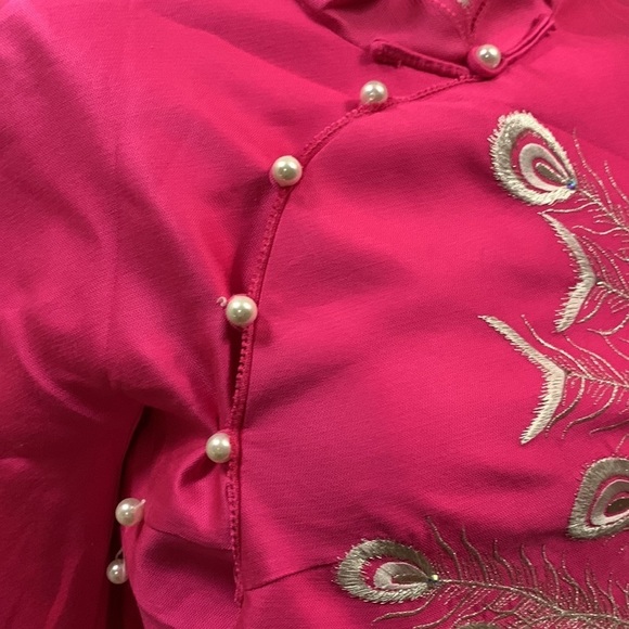 Oriental Mulberry Silk Pink Peacock Embroidered Jacket w Pearl Buttons size S - Picture 5 of 16